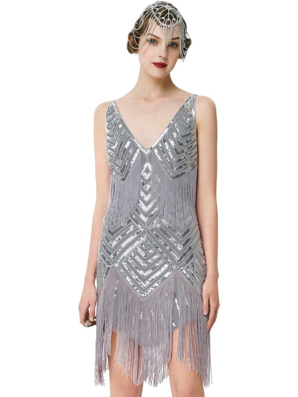 1920s Flapper Dress V Neck Slip, Roaring 20s Great Gatsby Party Dress, Vintage